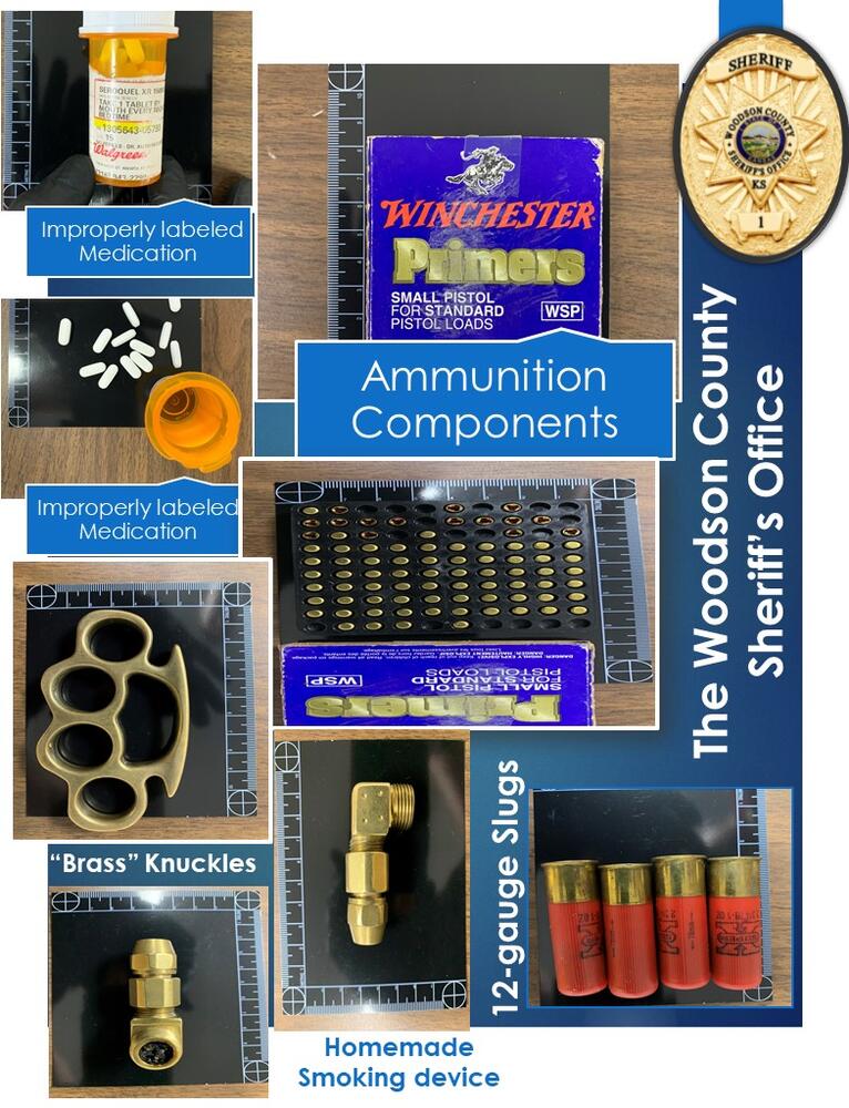 contraband and paraphernalia collected including brass knuckles, smoking device, ammunition, improperly labeled Rx